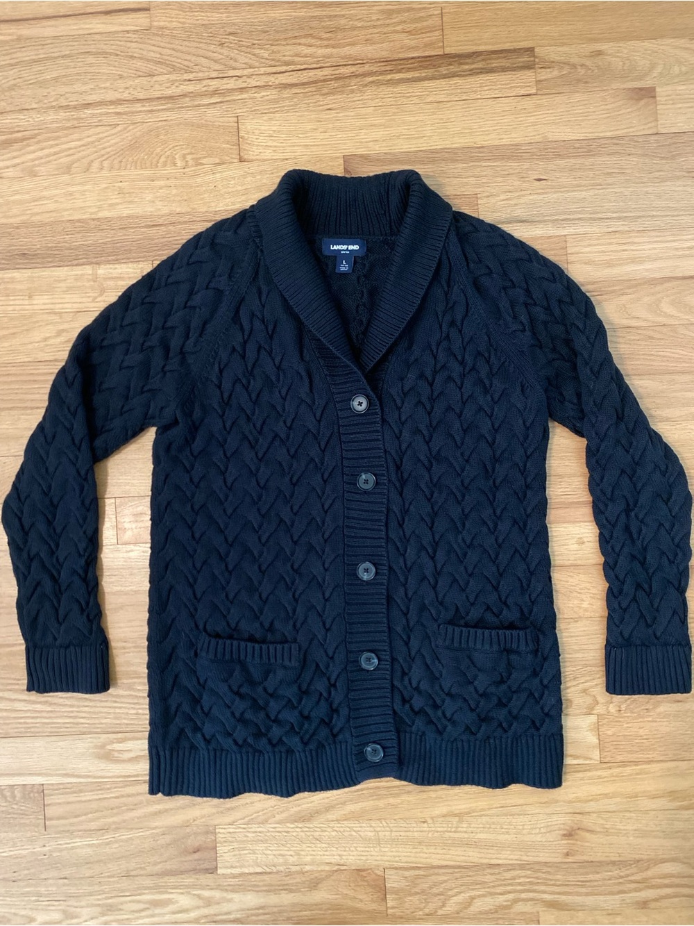 Lands' End 100% Cotton Cable Knit Shawl Collar Cardigan Sweater Black Womenโs L